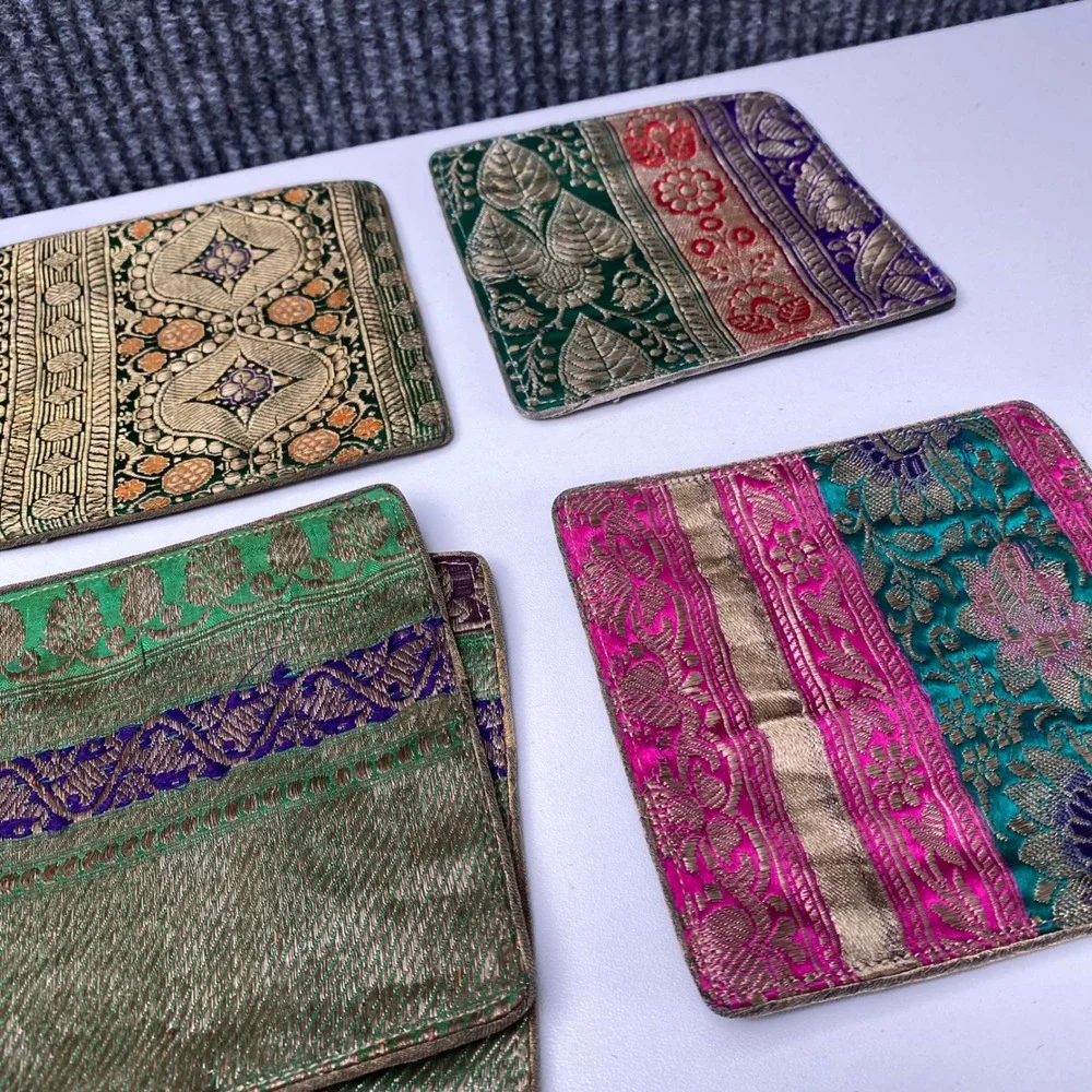 Set of 6 Vintage Brocade Fabric Coasters Multicolor Gold Metallic Embroidered